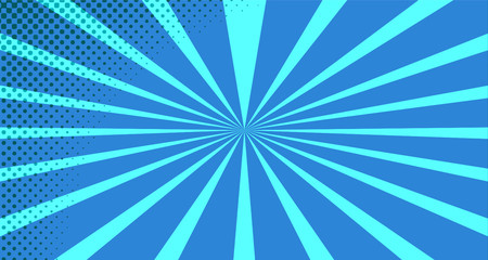 Vintage colorful comic book background. Blue blank bubbles of different shapes. Rays, radial, halftone, dotted effects. For sale banner for your designe 1960s. With copy space eps10.