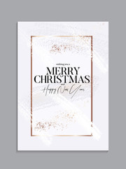 Xmas card with gold sparkle and messy gold  brush strokes on  pastel tender background, classic Christmas banner, winter holiday invitation template, New Year concept in  soft  colors, vector