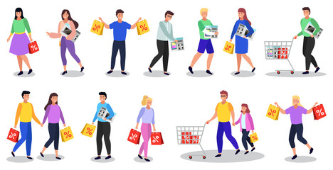 Set of people walking from shopping. Characters with bags and purchase returning from shop. Couple carrying bags with discount sign. Father and daughter with trolley and bought items. Vector in flat
