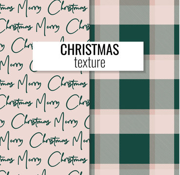 Merry christmas decoration set of plaid texture and typography background in pink green colors.  Xmas greting vector elements, Checered classic pattern textile. Happy new year concept