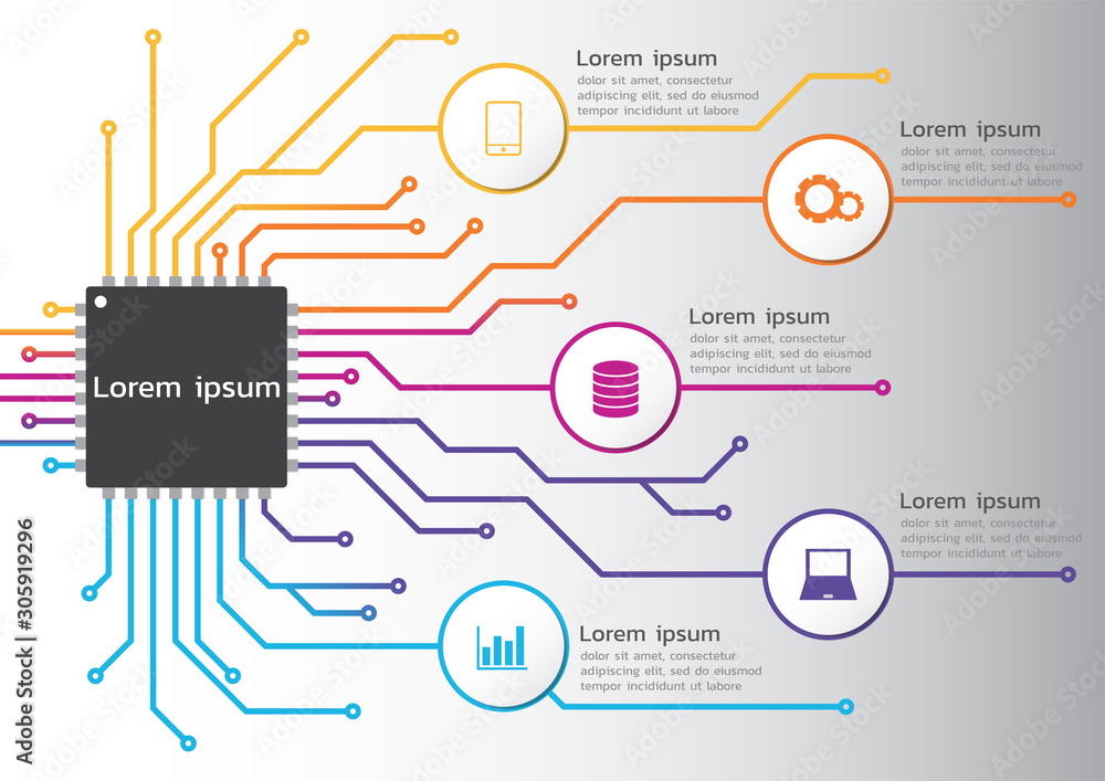 Fototapete Circuit board technology infographic. Vector 5 options colorful design. for workflow layout, diagram, web design, process chart. 