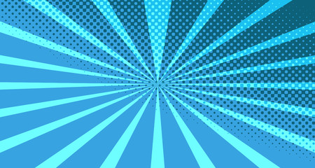 Vintage colorful comic book background. Blue blank bubbles of different shapes. Rays, radial, halftone, dotted effects. For sale banner for your designe 1960s. With copy space eps10.