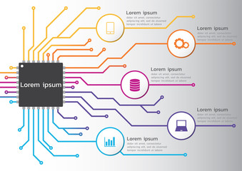 Circuit board technology infographic. Vector 5 options colorful design. for workflow layout, diagram, web design, process chart. 