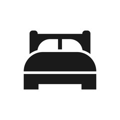 Bed with pillows simple black vector icon. Hotel or hostel symbol.