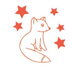 composition orange fox and stars hand drawn doodle style. Scandinavian simple style.