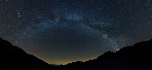 Milky way and meteor panorama in Berguedà, Barcelona, Spain
