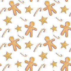 Fototapeta na wymiar Cute watercolor seamless pattern for Christmas and New Year with ginger cookies - men and star, gold star and sweets on white background