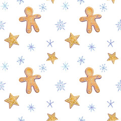 Fototapeta na wymiar Cute watercolor seamless pattern for Christmas and New Year with ginger cookies - men and stars. Blue snowflakes white background
