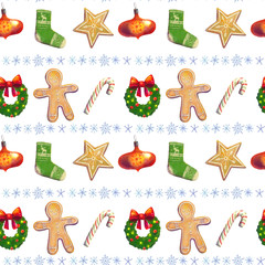 Fototapeta na wymiar Cute watercolor seamless pattern for Christmas and New Year cristmas wreath, ornament. Gingerbread and snowflakes and soks on white background