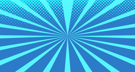 Vintage colorful comic book background. Blue blank bubbles of different shapes. Rays, radial, halftone, dotted effects. For sale banner for your designe 1960s. With copy space eps10.