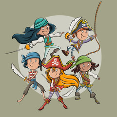 Group of cartoon pirates with swords.