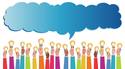 Sharing ideas. Hands with light bulbs. Multiethnic people who communicate online via web. Communication and discussion community social network. Connection diversity groups of people or friends