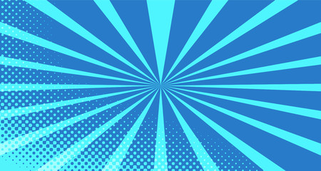 Vintage colorful comic book background. Blue blank bubbles of different shapes. Rays, radial, halftone, dotted effects. For sale banner for your designe 1960s. With copy space eps10.