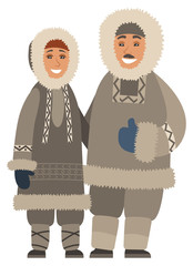 Man and woman living in north smiling. Isolated couple wearing warm clothes, jackets with fur and heavy hoods. Female and male at wintertime standing outdoors. Vector in flat style illustration © robu_s