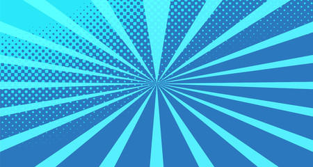 Vintage colorful comic book background. Blue blank bubbles of different shapes. Rays, radial, halftone, dotted effects. For sale banner for your designe 1960s. With copy space eps10.