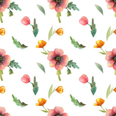 Seamless flower pattern of red and yellow poppy. Garden, texture.