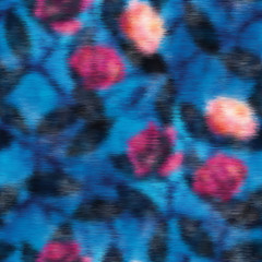 Blurry fuzzy floral ikat seamless repeat vector pattern swatch. Dark shadowy leaves behind bright pink blooms. Rose flowers on bright blue.