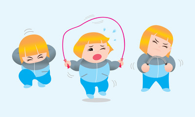 Funny vector illustration of fat woman doing excercising. Concept of Strong healthy fat woman. cartoon