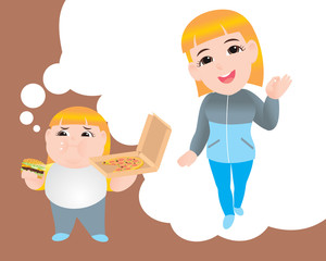 Fat woman decide about being good health. Day dream for slim shape. vector illustration isolated cartoon