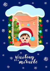 Cute girl with big eyes is looking out the window waiting Christmas eve. Vector Illustration for Xmas greeting card
