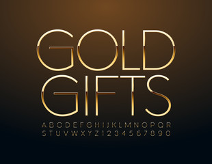 Vector chic Sign Cold Gift. Golden slim Font. Luxury Alphabet letters and Numbers
