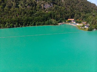 Lake Saalachsee in the Bavarian Alps. Aerial view of beautiful landscape with lake turquoise color. Schneizlreuth Germany. Travel and vacation concept. copy space