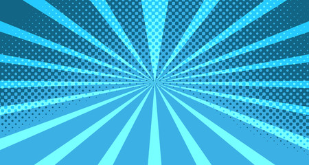 Vintage colorful comic book background. Blue blank bubbles of different shapes. Rays, radial, halftone, dotted effects. For sale banner for your designe 1960s. With copy space eps10.