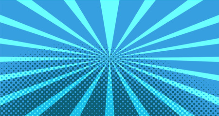 Vintage colorful comic book background. Blue blank bubbles of different shapes. Rays, radial, halftone, dotted effects. For sale banner for your designe 1960s. With copy space eps10.