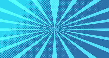 Vintage colorful comic book background. Blue blank bubbles of different shapes. Rays, radial, halftone, dotted effects. For sale banner for your designe 1960s. With copy space eps10.