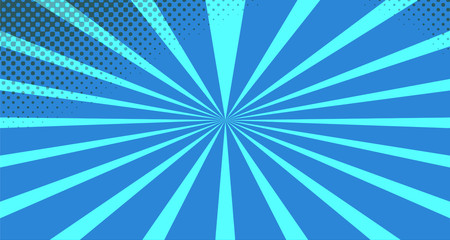 Vintage colorful comic book background. Blue blank bubbles of different shapes. Rays, radial, halftone, dotted effects. For sale banner for your designe 1960s. With copy space eps10.