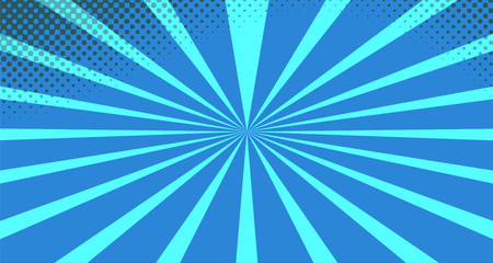Vintage colorful comic book background. Blue blank bubbles of different shapes. Rays, radial, halftone, dotted effects. For sale banner for your designe 1960s. With copy space eps10.