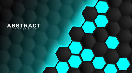 abstract vector background. Geometric black hexagonal. Surface polygon pattern with light blue hexagon, honeycomb. 3D design illustration technology