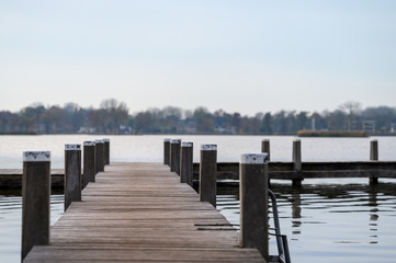 Jetty in a lake with a row of trees and houses in the background.