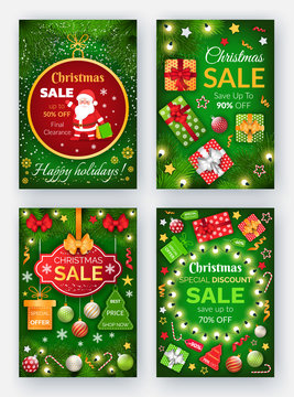 Christmas sale propositions at market vector. Winter holidays discounts at store. Xmas promotional banners with decor, gifts and pine tree branches. Set of posters with pricetags and proposals
