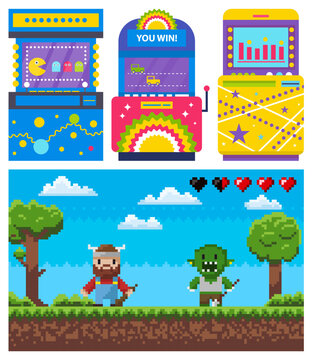Battle of knight and geek, adventure pixel game. Gambling old machine, colorful computers set, video-game war of heroes, green nature, entertainment vector