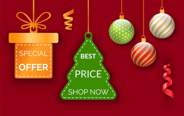 Christmas special offers on gifts. Vector toys for Xmas fir like box with ribbon and tree, holiday balls. Discounts in stores, illustration of advertising. Red promotion poster, best price on presents