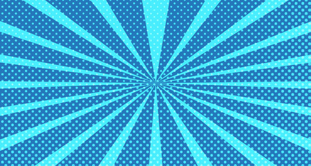 Vintage colorful comic book background. Blue blank bubbles of different shapes. Rays, radial, halftone, dotted effects. For sale banner for your designe 1960s. With copy space eps10.