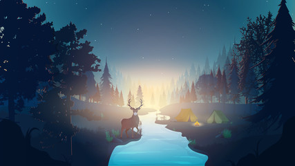 Fototapeta na wymiar Night forest with a deer. Forest landscape with a river and tents. Camping concept. Night in the forest. Dawn in the forest. The sky with the stars. Beautiful dawn illustration for advertising banner.