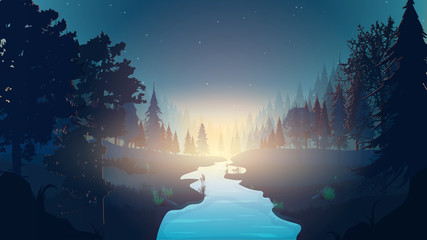 Night Forest. Forest landscape with a river at night. Night in the forest. Dawn in the forest. The sky with the stars. Beautiful dawn illustration for ad banner or background.