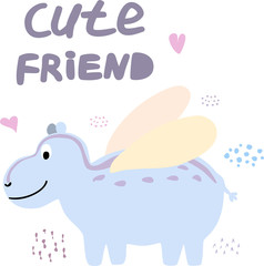 Stylish illustration with hippopotamus. Lovely childish card in spring colors. Greeting card,poster,banner illustration. Isolated scandinavian cartoon illustration.