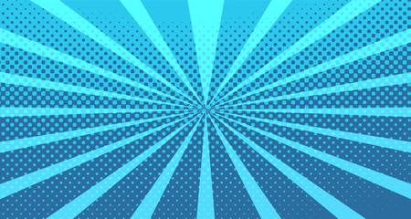 Obraz premium Vintage colorful comic book background. Blue blank bubbles of different shapes. Rays, radial, halftone, dotted effects. For sale banner for your designe 1960s. With copy space eps10.