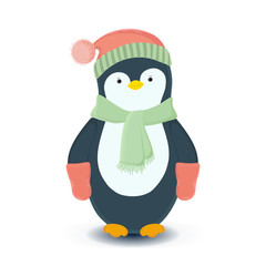 Vector illustration of a penguin in winter season, wearing a cap, a scarf and mittens. White background. Happy New Year. Winter card. New Year card. Print design. Winter character.