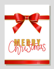 Merry Christmas greeting postcard with decorative ribbon bow tied in knot and calligraphic inscription. Congratulations on new year and seasonal winter holidays. Xmas presents vector in flat