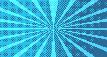 Obraz premium Vintage colorful comic book background. Blue blank bubbles of different shapes. Rays, radial, halftone, dotted effects. For sale banner for your designe 1960s. With copy space eps10.