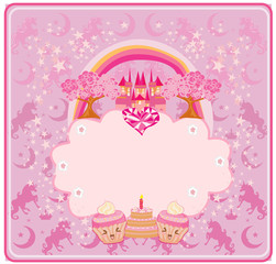 Fototapeta premium Birthday card with birthday cake, muffins and castle