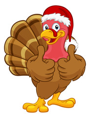 Turkey Christmas or Thanksgiving Holiday cartoon character wearing a Santa Claus hat