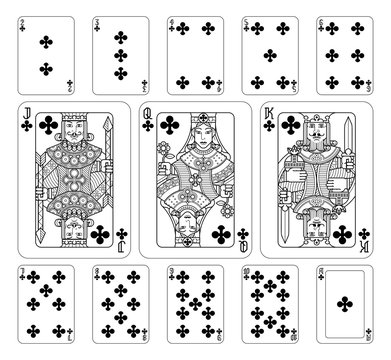 Playing cards clubs set in black and white from a new modern original complete full deck design. Standard poker size.