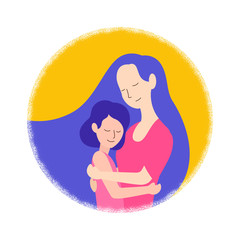 Mother hugs her woman child lovingly vector flat illustration for happy mother's day poster concept design with circle dust frame background