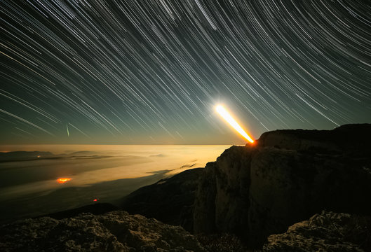 Moonset, meteor and startrail in Montsec, Pyrenees, Lleida, Spain