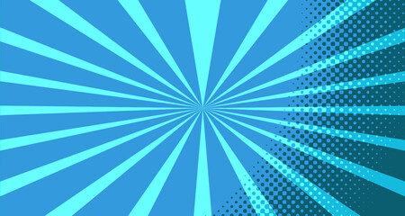 Vintage colorful comic book background. Blue blank bubbles of different shapes. Rays, radial, halftone, dotted effects. For sale banner for your designe 1960s. With copy space eps10.